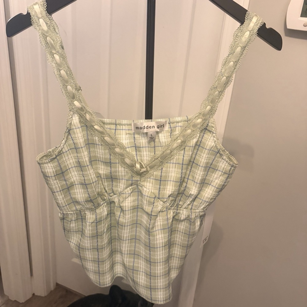 Madden Girl Plaid Babydoll Top Lace Straps Coquette Milkmaid Y2K Style L NWT